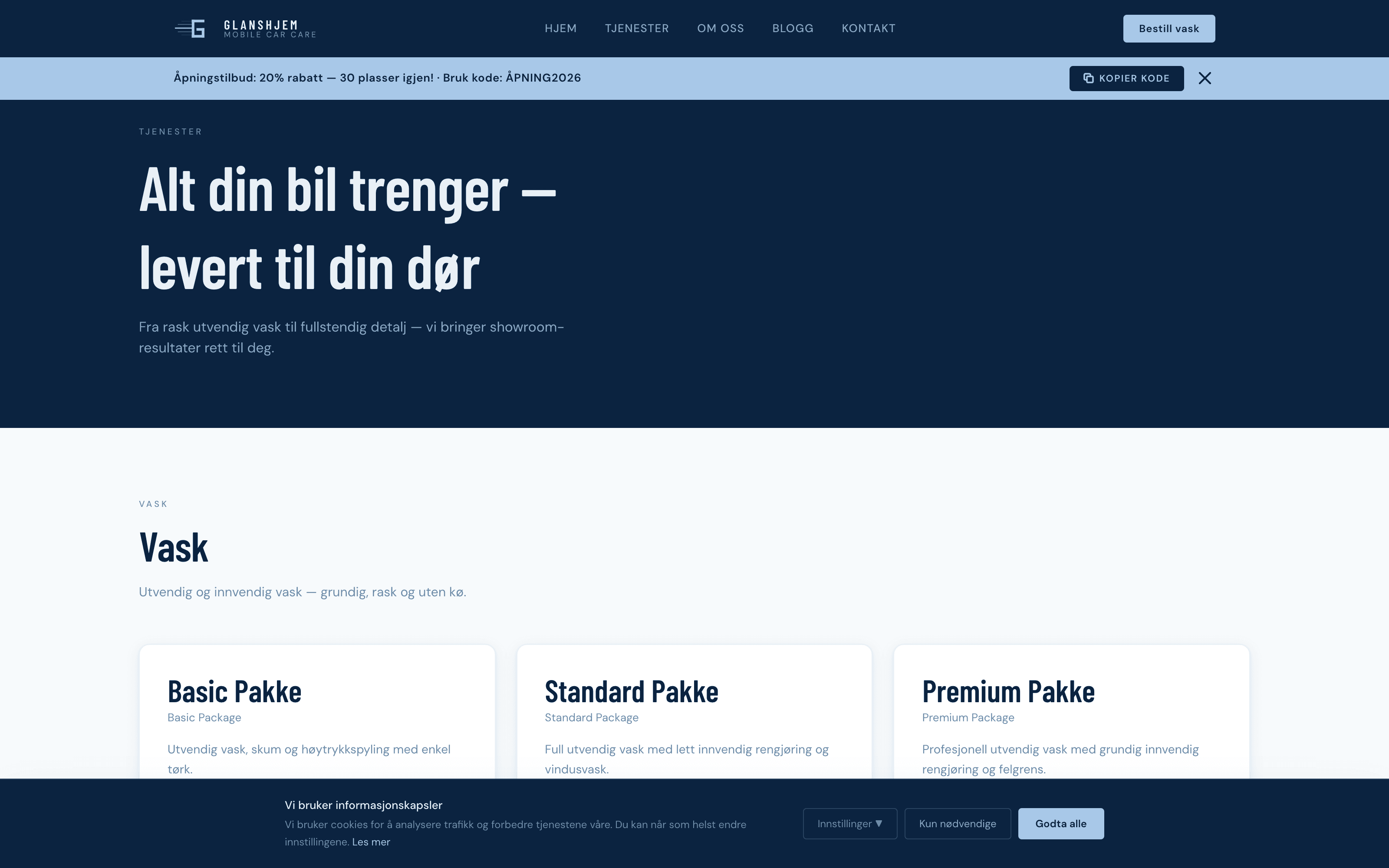 Glanshjems tjenestekatalog-side med Vask-pakker, beskrivelser og priser