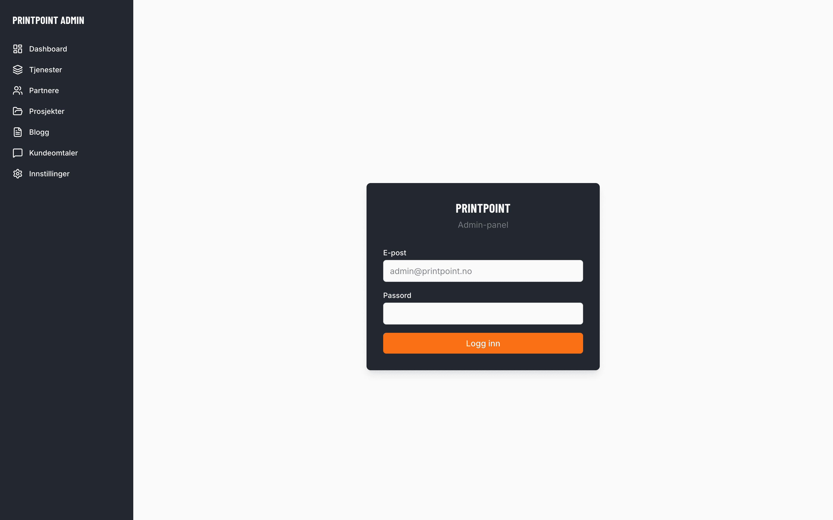 PrintPoints admin-panel innlogging med merkevareleder sidebar-navigasjon
