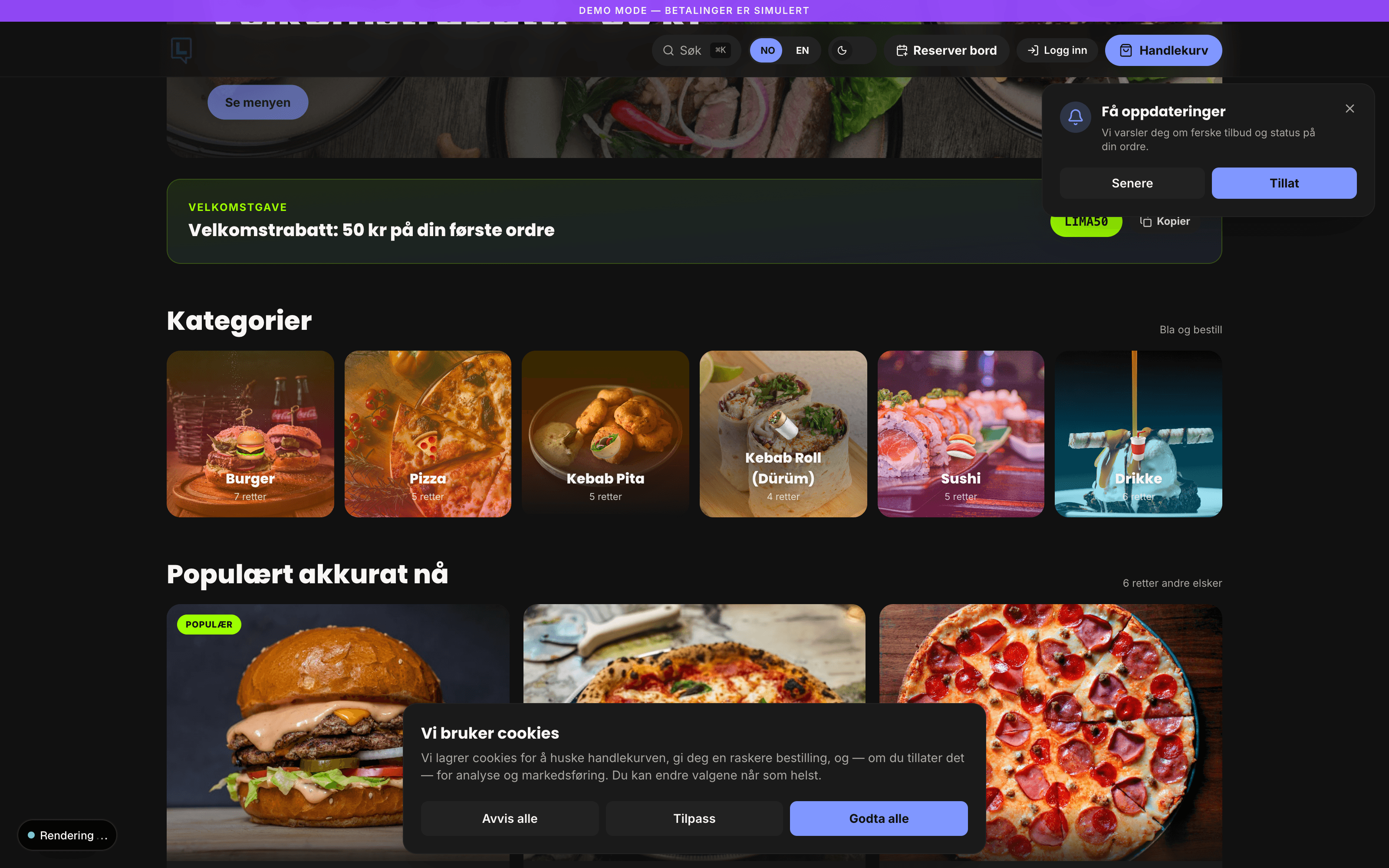 Restaurant-OS bestillings-meny med matkategorier og populære retter
